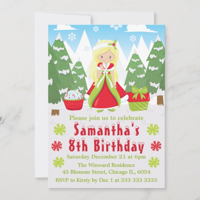Invitación Cumpleaños de la princesa de Navidad rubia Escena  (Anverso)