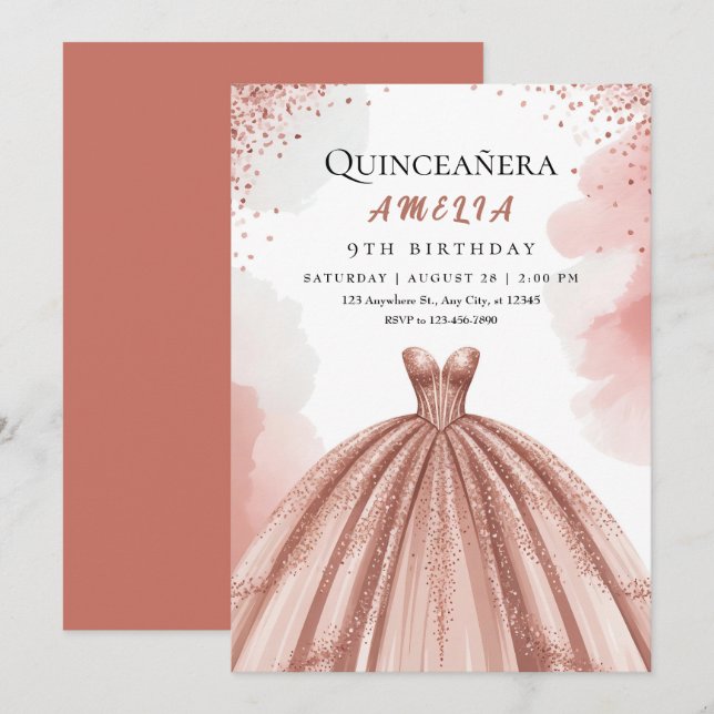 Invitación Cumpleaños de la Princesa de Oro Rosa y Rosa de Ru (Anverso / Reverso)