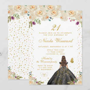 Invitación Cumpleaños de la Princesa de Pelo Moreno Floral Cr