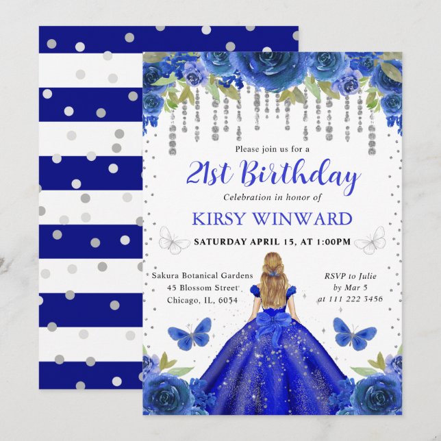 Invitación Cumpleaños de la princesa de pelo rubio con vestid (Anverso / Reverso)