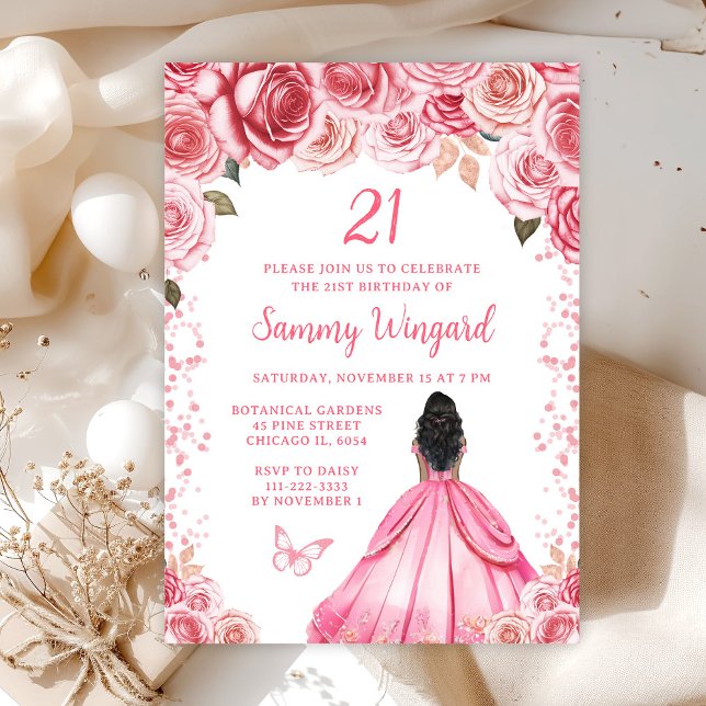 Invitación Cumpleaños de la Princesa de Piel Oscura Rosa (Subido por el creador)