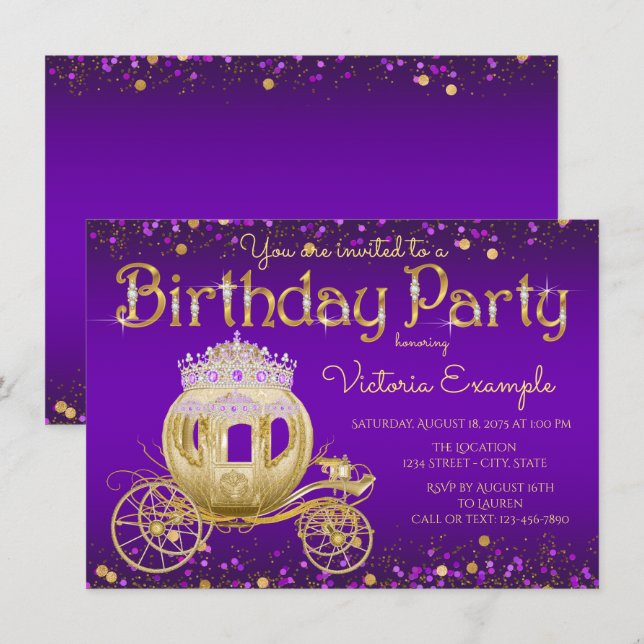 Invitación Cumpleaños de la princesa de púrpura y oro (Anverso / Reverso)