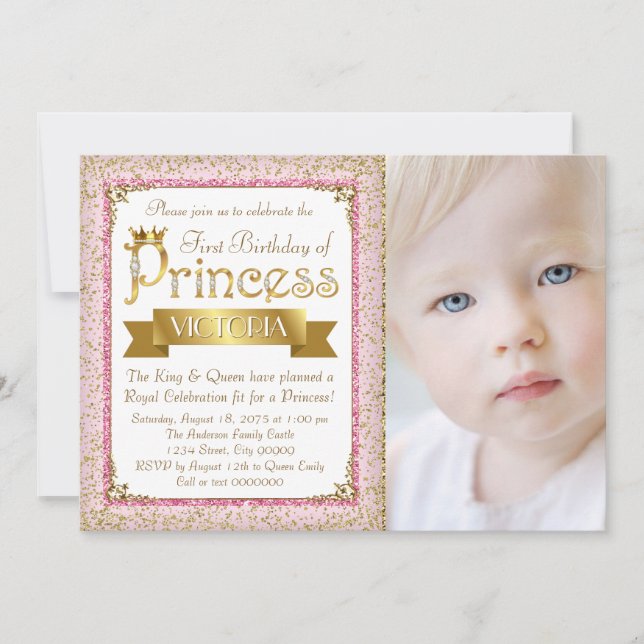 Invitación Cumpleaños de la Princesa de Rosa Sonrosado y Oro (Anverso)