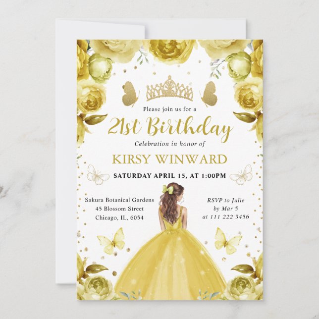 Invitación Cumpleaños de la Princesa de Vestido Amarillo y Ca (Anverso)