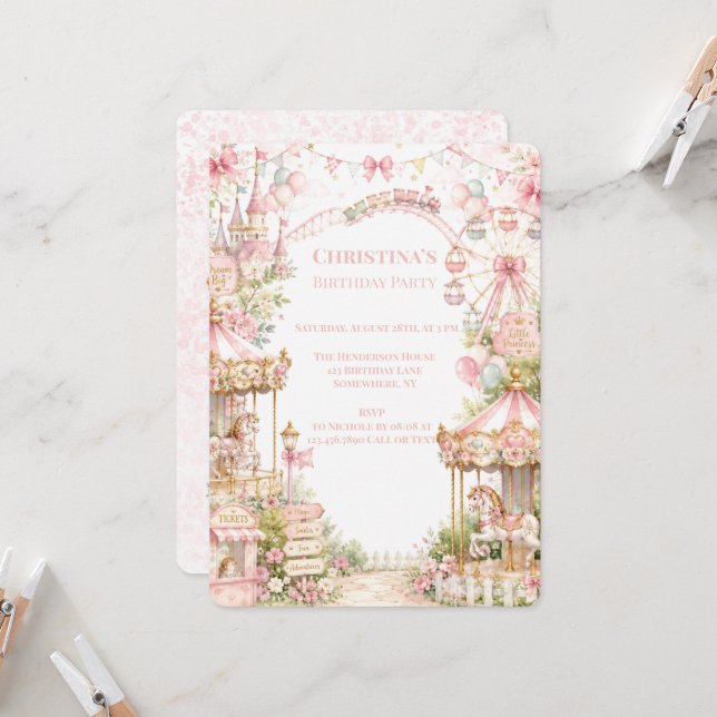 Invitación Cumpleaños de la Princesa del Carrusel Rosa (Anverso/Reverso In Situ)