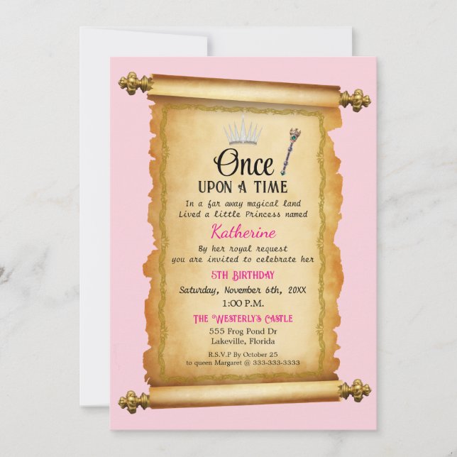 Invitación Cumpleaños de la princesa del rollo real (Anverso)