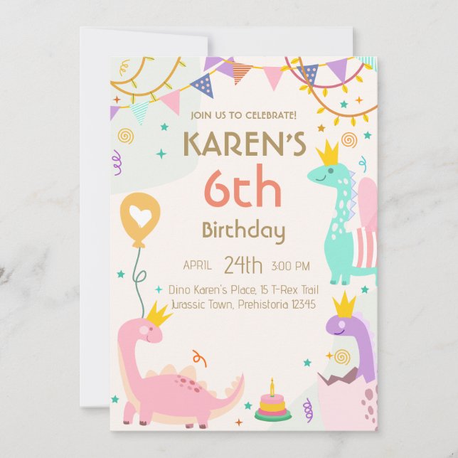 Invitación Cumpleaños de la princesa dinosaurio caprichosa (Anverso)