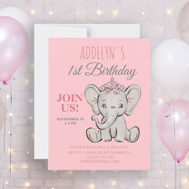 Invitación Cumpleaños de la princesa elefante linda niña 1er  (Subido por el creador)