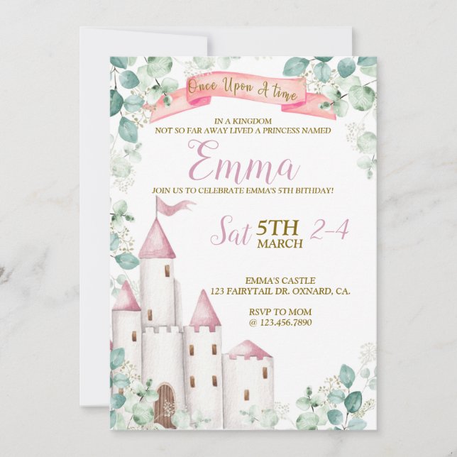 Invitación Cumpleaños de la Princesa, Fiesta de la Princesa,  (Anverso)