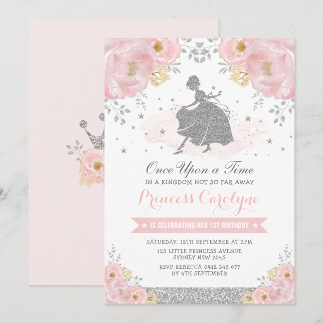 Invitación Cumpleaños de la princesa floral Silver Rubor Cind (Anverso / Reverso)