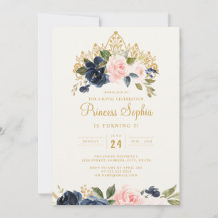Invitación Cumpleaños de la Princesa Floral Tiara Navy Blush