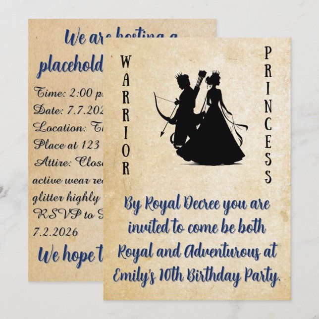 Invitación Cumpleaños de la princesa guerrera de pergamino (Anverso / Reverso)