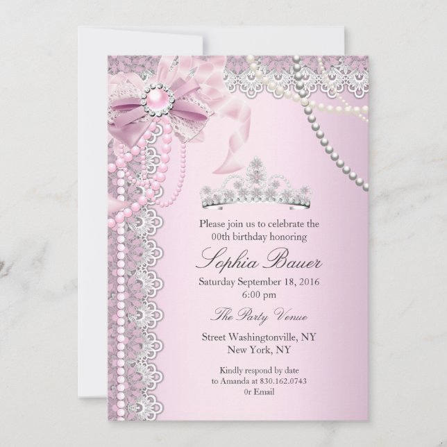 Invitación Cumpleaños de la Princesa Lazo de Arco Perla Rosa (Anverso)