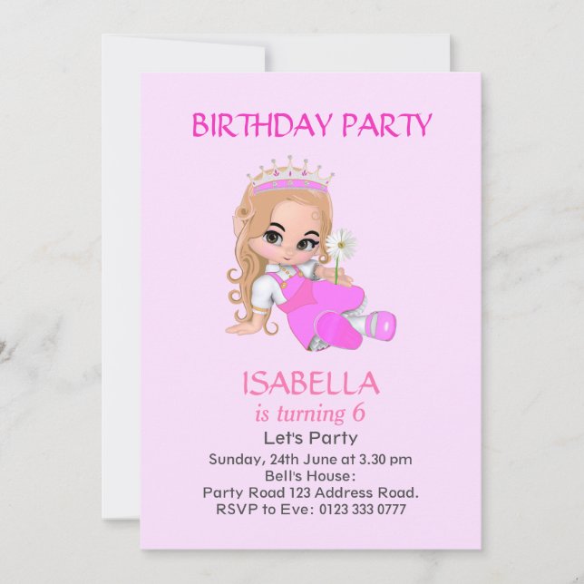 Invitación Cumpleaños de la princesa linda en rosa claro 6 (Anverso)