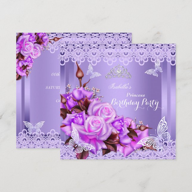 Invitación Cumpleaños de la Princesa Mariposa Rosa Púrpura (Anverso / Reverso)