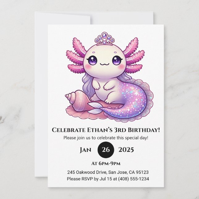 Invitación Cumpleaños de la princesa Mermaid Axolotl (Anverso)