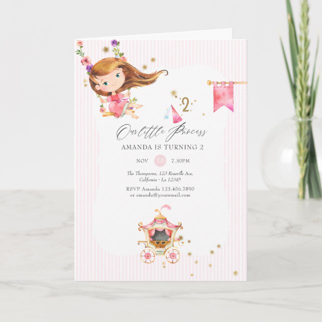 Invitación Cumpleaños de la princesa niña de rosa y oro 2 año (Anverso)