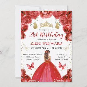 Invitación Cumpleaños de la princesa pelirroja con vestido ro