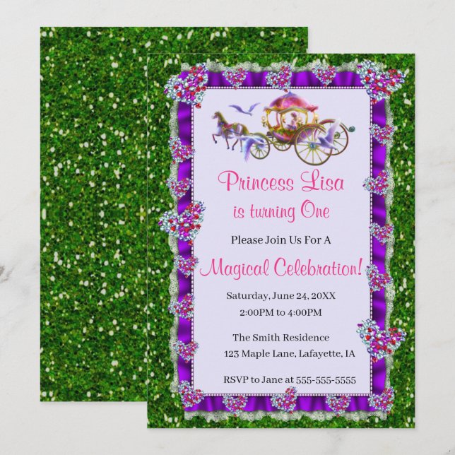 Invitación Cumpleaños de la Princesa Real Brillo Verde (Anverso / Reverso)