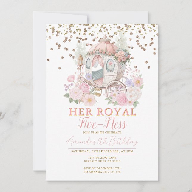 Invitación Cumpleaños de la Princesa Rosa Carruaje Floral (Anverso)