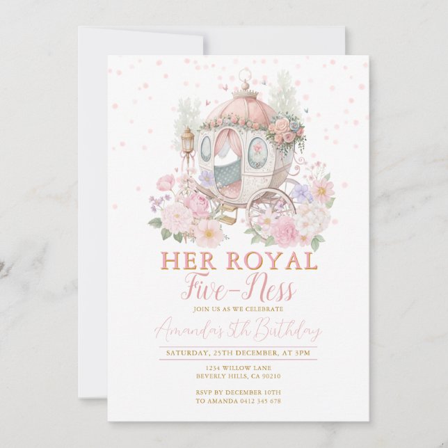 Invitación Cumpleaños de la Princesa Rosa Carruaje Floral (Anverso)
