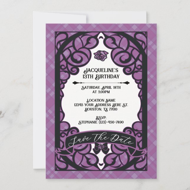 Invitación Cumpleaños de la Princesa Rosa con Puerta Morada y (Anverso)