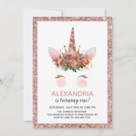 Invitación Cumpleaños de la princesa Rosa Gold Unicorn