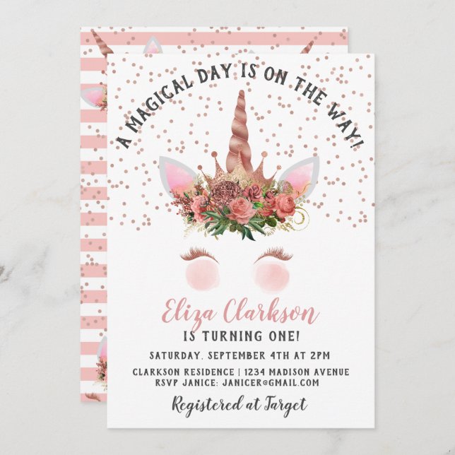 Invitación Cumpleaños de la princesa Rosa Gold Unicorn (Anverso / Reverso)
