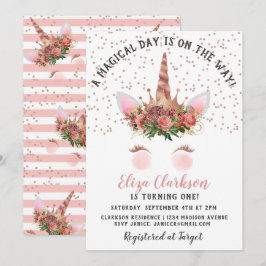 Invitación Cumpleaños de la princesa Rosa Gold Unicorn