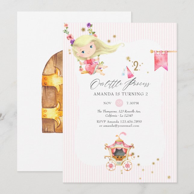 Invitación Cumpleaños de la Princesa Rosa y Dorado 2 (Anverso / Reverso)
