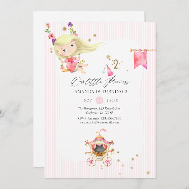 Invitación Cumpleaños de la Princesa Rosa y Dorado 2 años (Anverso / Reverso)