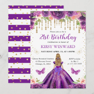 Invitación Cumpleaños de la princesa rubia con vestido morado