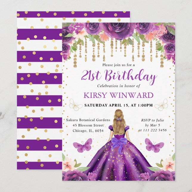 Invitación Cumpleaños de la princesa rubia con vestido morado (Anverso / Reverso)