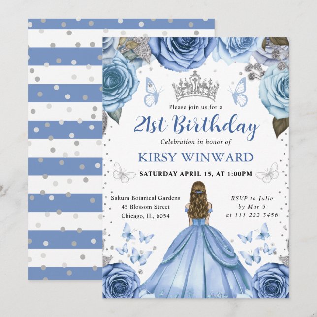 Invitación Cumpleaños de la princesa rubia del vestido azul (Anverso / Reverso)