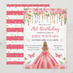 Invitación Cumpleaños de la princesa rubia del vestido rosa