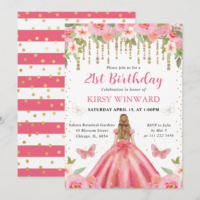 Invitación Cumpleaños de la princesa rubia del vestido rosa (Anverso / Reverso)