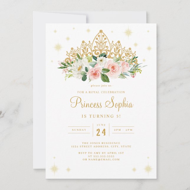 Invitación Cumpleaños de la Princesa Sparkle Tiara Floral (Anverso)