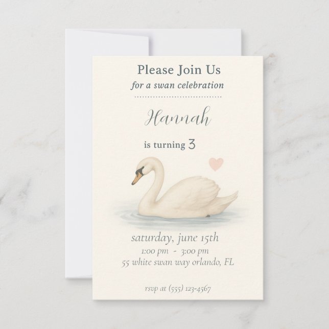 Invitación cumpleaños de la princesa swan elegante del chica (Anverso)