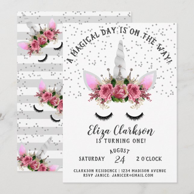 Invitación Cumpleaños de la princesa Unicorn, Purpurina de Pl (Anverso / Reverso)