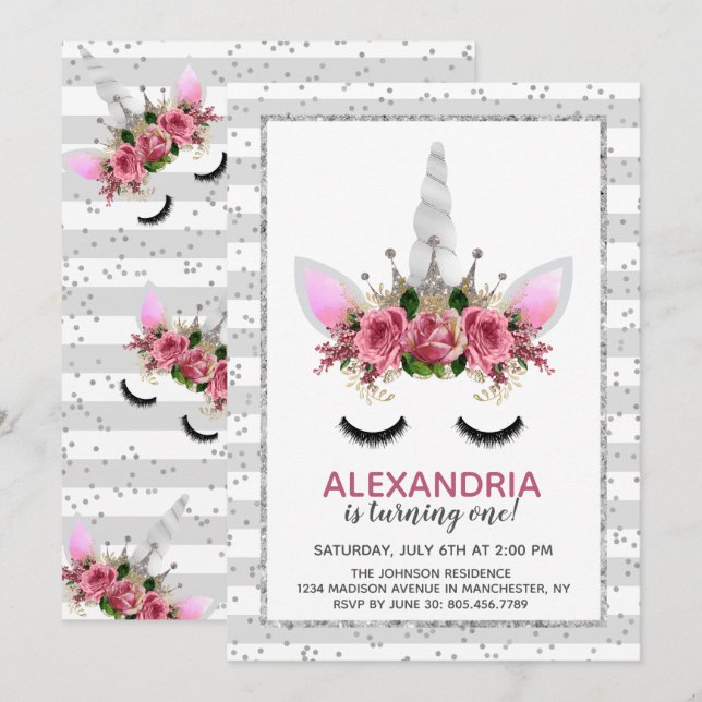 Invitación Cumpleaños de la princesa Unicorn, Purpurina de Pl (Anverso / Reverso)