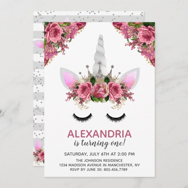 Invitación Cumpleaños de la princesa Unicorn, Purpurina de Pl (Anverso / Reverso)