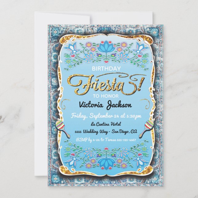 Invitación Cumpleaños de la Purpurina Fiesta Gold mexicana (Anverso)