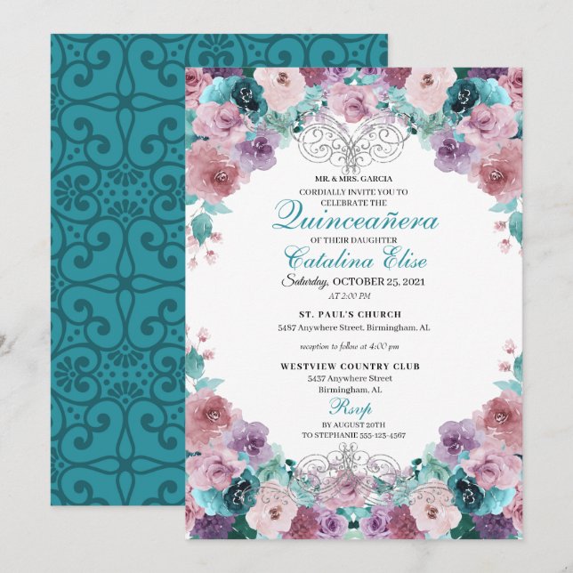Invitación Cumpleaños de la Quinceanera del Amanecer verde az (Anverso / Reverso)