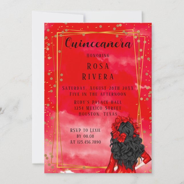Invitación Cumpleaños de la Quinceanera del Oro y el Rojo Mod (Anverso)