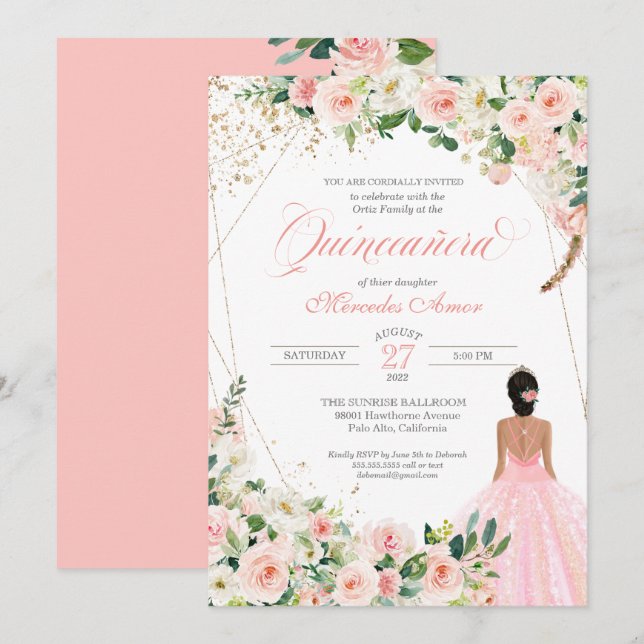 Invitación Cumpleaños de la Quinceanera floral de las rosas r (Anverso / Reverso)