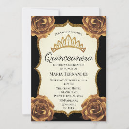Invitación Cumpleaños de la Quinceanera floral de oro y negro