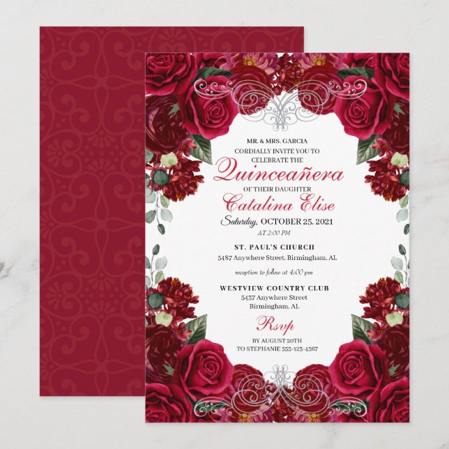 Invitación Cumpleaños de la Quinceanera floral roja y platead (Anverso / Reverso)
