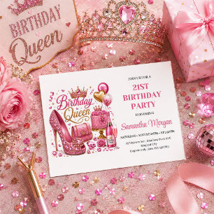 Invitación Cumpleaños de la Reina con Confeti Dorado Rosa Bri