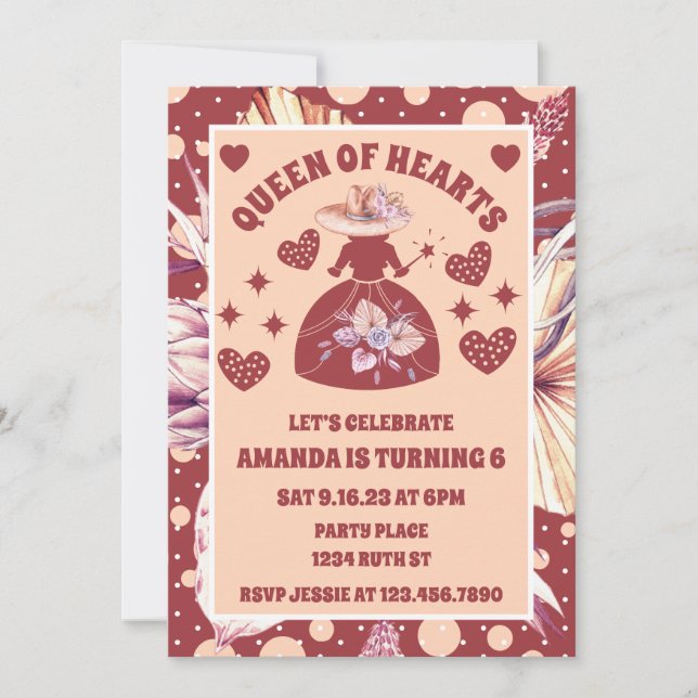 Invitación Cumpleaños de la Reina de Corazones Boho de la Hie (Anverso)