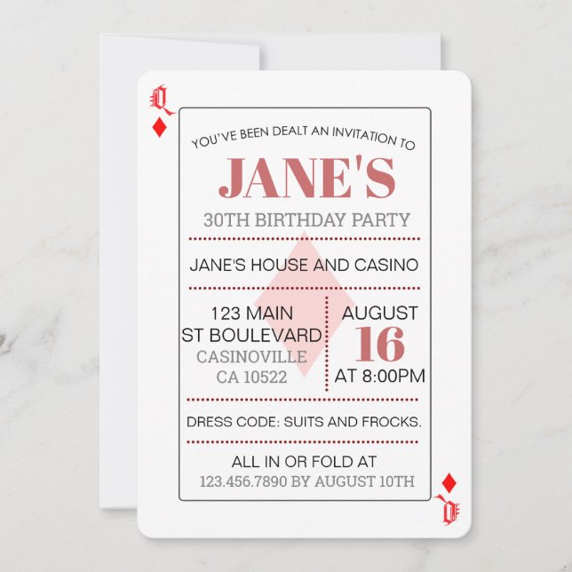 Invitación Cumpleaños de la Reina de los Diamantes Casino (Anverso)